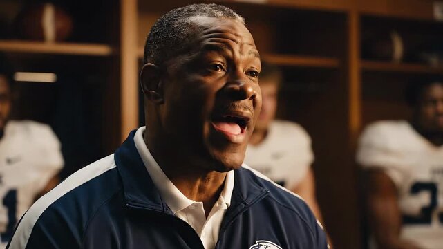 Coach giving pregame speech to football team in locker room