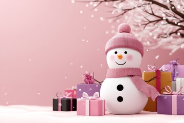 A teal background serves as the setting for a snowman with a pink hat that is standing beside a collection of red and blue gifts, which are adorned with ornaments and surrounded by pine branches