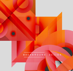 Abstract geometric shapes overlap, creating vibrant red, orange gradients. Modern design features clean lines, simple forms. Background includes text elements.