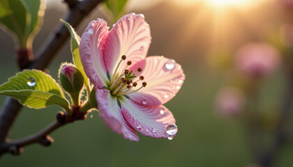 Obraz premium Pink flower with water droplets glowing in sunlight at sunset 