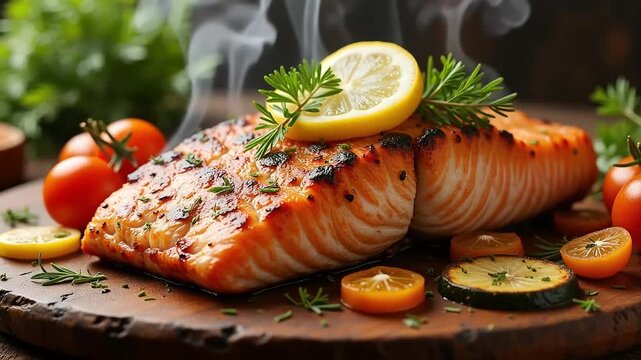 Freshly grilled salmon fillet sizzling with lemon herb aroma