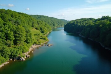 Fototapeta premium Scenic Reservoir Surrounded by Lush Green Forest Under a Clear Blue Sky