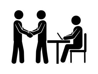 Stickman business handshake with laptop worker icon. Teamwork, partnership, deal agreement, office cooperation, or job interview concept. Vector illustration isolated on white background.