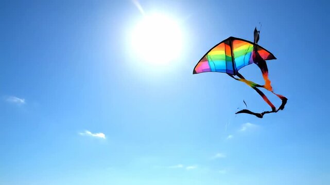 Colorful Kite Flying High in a Clear Sunny Blue Sky