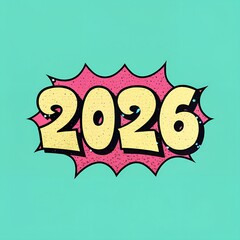 Bright yellow 2026 text in a comic book style burst on a teal background