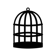 Black silhouette of a birdcage in front of a plain white background