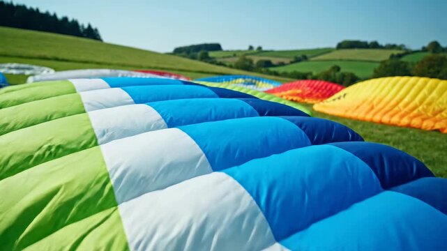 Colorful Paragliding Parachutes on a Grassy Hill