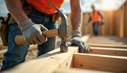 Construction worker hammering wood frame on job site in daylight  