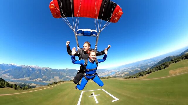 Couple tandem skydiving experience with parachute over scenic landscape