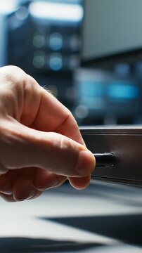 Connecting USB Flash Drive Close-up of hand plugging digital storage into a device port highlighting data transfer technology and electronic connectivity