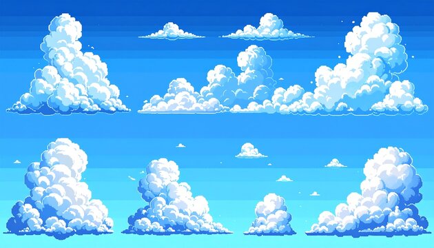 Pixel art collection of various cloud formations against a gradient blue sky