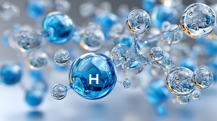 Hydrogen Molecule in Blue Water with Bubbles and Background Effects