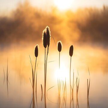 Misty Morning Sunrise Over Water With Cattails Silhouettes