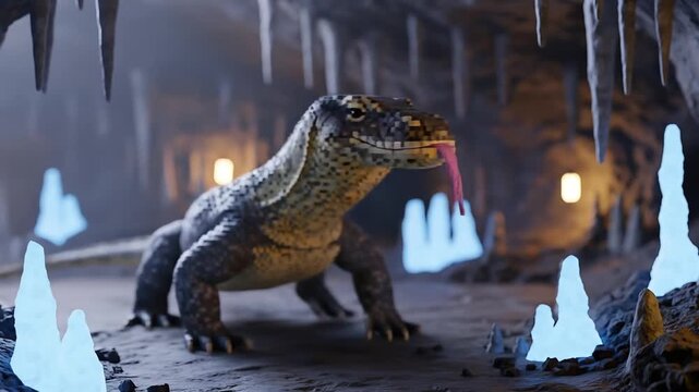 Komodo monitor lizard exploring glowing ice cave with stalactites and lantern light.