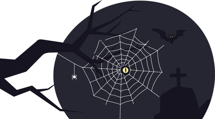 Fototapeta premium Spooky Halloween Night Scene Featuring a Creepy Spider Web Moon and Dark Graveyard with Flying