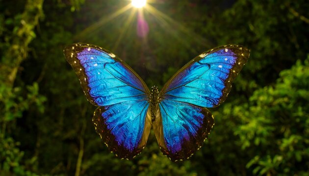 Vibrant blue butterfly in lush green forest