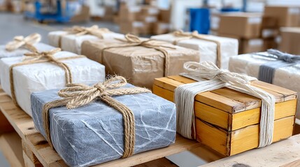Close-Up View of Wrapped Packages on a Table in a Distribution Center