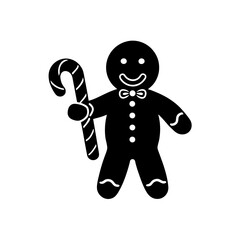 Gingerbread man holding a candy cane icon on transparent background silhouette