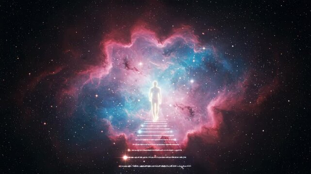 Glowing figure on stairway to cosmic nebula, spiritual ascension