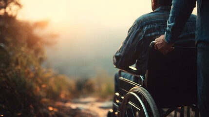 Naklejka premium Person in a wheelchair is being pushed by another person on a path, enjoying the view during sunset, showcasing the concepts of care, support, assistance, and outdoor recreation in a natural setting.