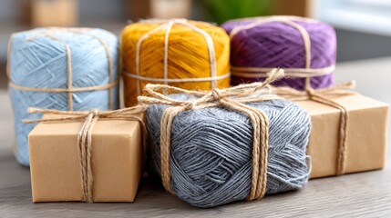Close-Up of Wrapped Packages Featuring Colorful Yarn and Twine Bundles