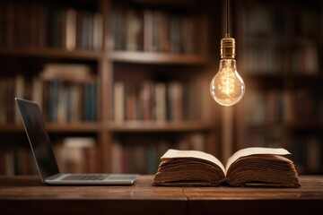 A laptop, open book, and glowing lightbulb sit atop a wooden desk, library backdrop