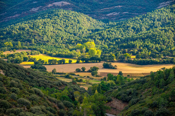 View on the rural fields and mountains of Tobalina valley near Frias in Spain