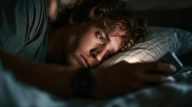 Young sad man lying in bed, gazing mobile cell phone screen. Modern life, technology. Sleeplessness, insomnia, digital life. Tech smart cellphone. Night lighting. Person bedtime. Get stuck in gadgets.