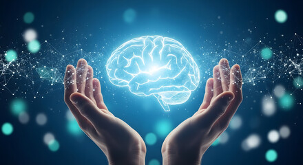 A pair of hands gently protecting a glowing digital brain icon, symbolizing mental health care and support.