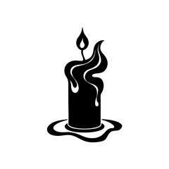 Black candle with dripping wax silhouette on transparent background
