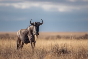 A lone wildebeest stands alert in a savanna. Sparse grasses under a cloudy sky