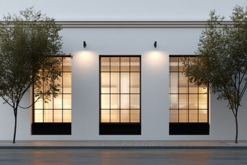 A minimalist building facade with three large windows, trees flanking the sides, and soft lighting