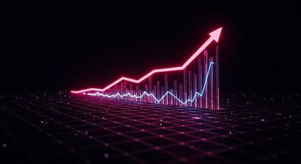 Dynamic neon stock chart illustration rising upward, futuristic data visualization in a dark environment, glowing pattern grid lines, cinematic lighting, vibrant electric tones, digital financial back