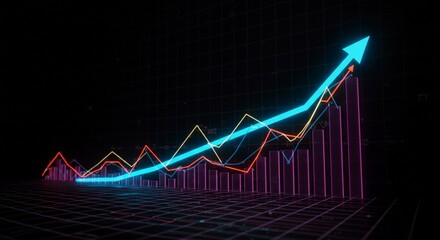 Dynamic neon stock chart illustration rising upward, futuristic data visualization in a dark environment, glowing pattern grid lines, cinematic lighting, vibrant electric tones, digital financial back