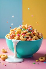 Colorful Cereal Bowl Overflowing with Rainbow Sprinkles, a Delightful and Playful Breakfast Scene, Milk Spilled, Delicious Morning Meal
