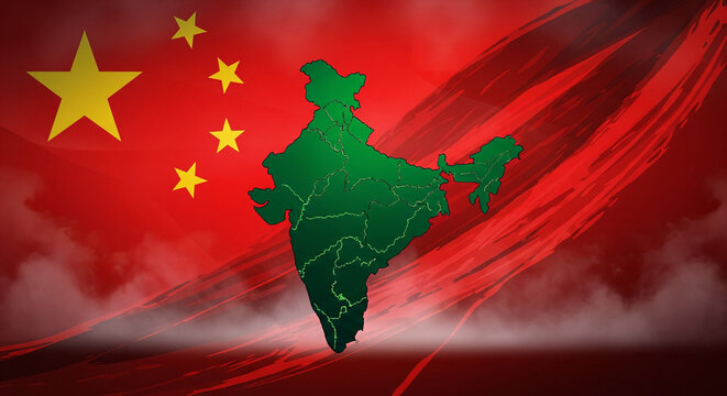 Silhouette of india superimposed on the chinese flag symbolizing geopolitical relations and national identity