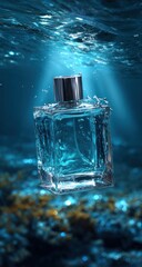 A perfume bottle submerged underwater with light rays filtering through, creating a dreamlike scene