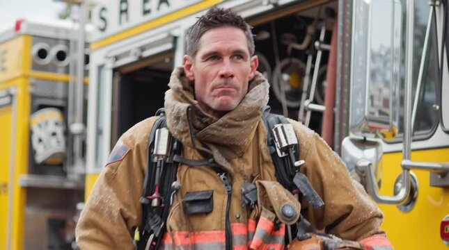 Firefighter ready for action in uniform.