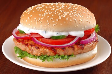 Image of a neatly grilled chicken burger placed on a simple background with muted colors and emphasis on culinary presentation