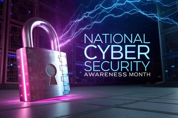 Digital padlock securing national cyber security awareness month isolated on white background