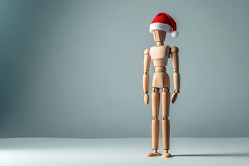 Wooden mannequin wearing a red santa hat isolated on white background