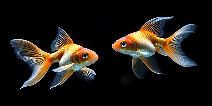 Colorful goldfish swim gracefully in a dark aquarium setting showcasing their vibrant fins and lively movements