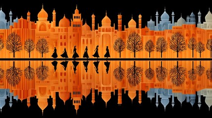 Indian Silhouette of Dancers Against Architectural Artwork Reflection