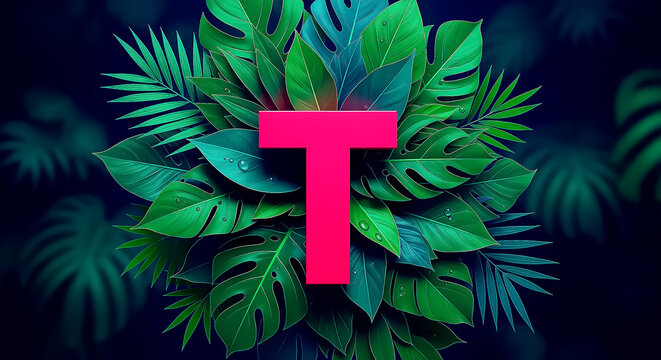 Neon pink letter T glowing among tropical green leaves merging typography and exotic botanical aesthetics.