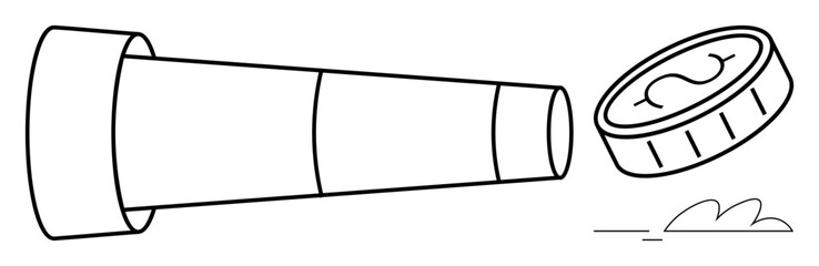 Telescope focusing on a flying coin, suggesting exploration of opportunities, financial planning, or investment strategies. Ideal for economy, vision, goal-setting, innovation, analysis success