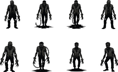Chained Zombie Vector Characters in Dark Horror Style for Halloween, Scary Undead Silhouettes Illustration Perfect for Graphic, Design, or Animation