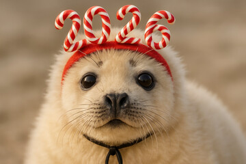 Baby seal pup wearing a new year 2026 candy cane headband