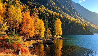 Autumn lake nestled in mountains