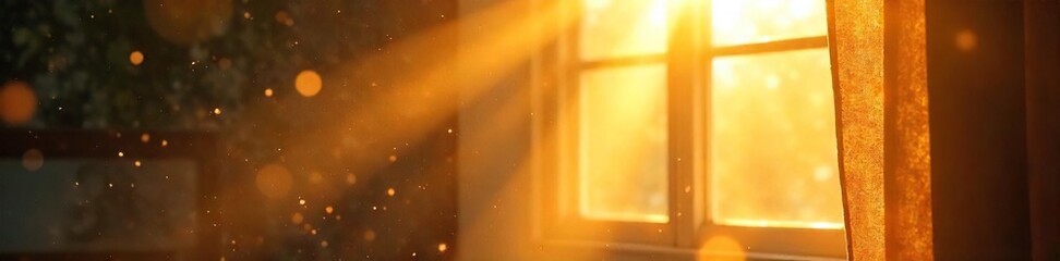 Golden Sunlight Streaming Through Window, Dust Motes Dancing, Joyful and Lighthearted Scene