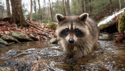 A raccoon wades in a shallow stream, with a forest backdrop. Fall foliage and rocks surround